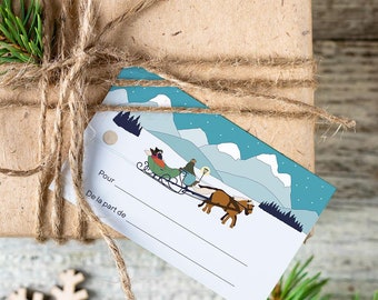 Étiquette cadeau promenade en calèche, illustration paysage d'hiver, emballage cadeau Noël, label cadeau Noël, joyeux Noël