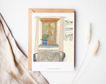 Carte de voeux DIN A5, vue sur le jardin, carte maison de campagne, illustration cuisine