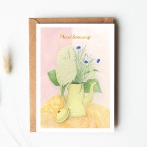 Thank you very much card, thank you card, illustration of a bouquet of flowers, floral arrangement, hydrangea and wildflowers card