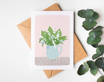 May card, lily of the valley card, lily of the valley and forget-me-not bouquet, vase with flowers, wall decoration, spring bouquet, month of May