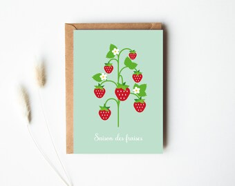 Aardbeienkaart, illustratie van aardbeien, aardbeienseizoen, lentekaart, verjaardagskaart