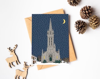 Church card under the snow, Christmas in Brittany, Breton greeting card, Merry Christmas