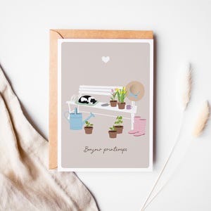 Carte banc de jardin, carte bonjour printemps, bienvenue printemps, carte saison, illustrations jardinage