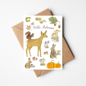 Carte automne, carte animaux de la forêt, illustrations citrouille et champignons, carte saison automne