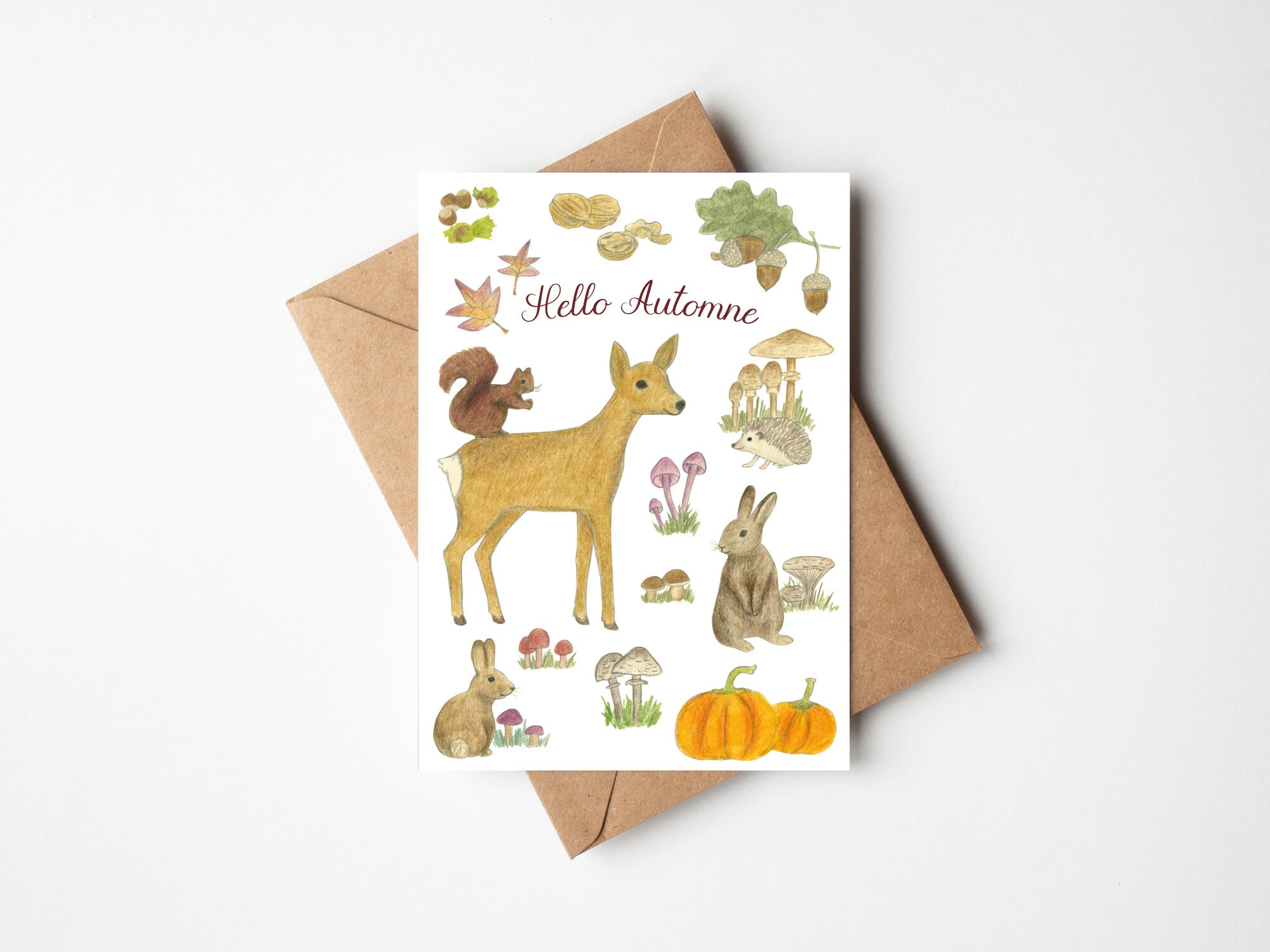 Autumn card, forest animals card, pumpkin and mushroom illustrations, autumn season card