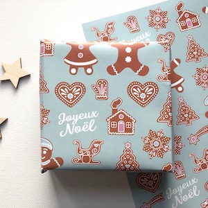 Gingerbread Man Christmas Wrapping Paper, Wrapping Paper, Gift Wrap, Brown and Blue