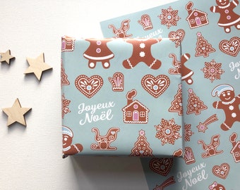 Gingerbread Man Christmas Wrapping Paper, Wrapping Paper, Gift Wrap, Brown and Blue