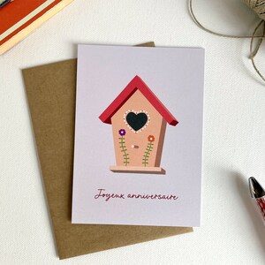 Carte joyeux anniversaire, illustration maison d'oiseau, pour un anniversaire en printemps, lettre d'amour image 2