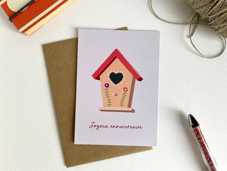 Carte joyeux anniversaire, illustration maison d'oiseau, pour un anniversaire en printemps, lettre d'amour image 2