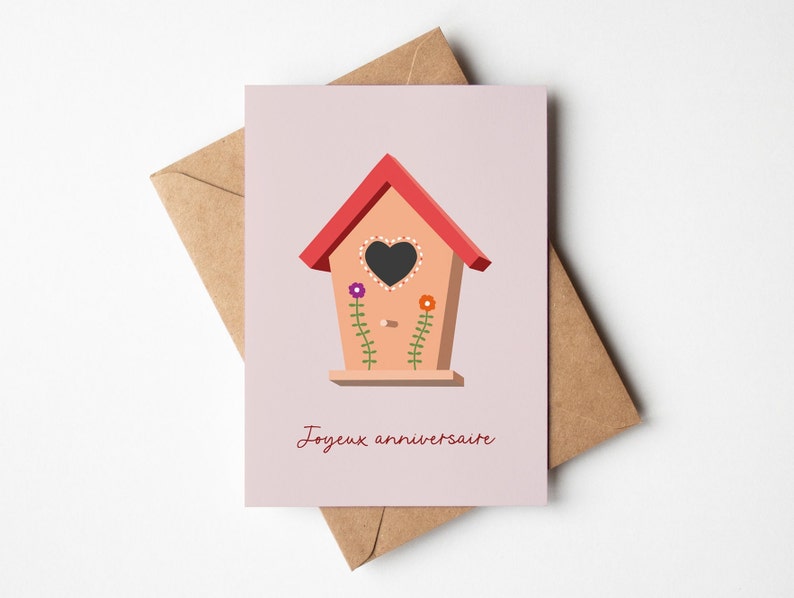 Carte joyeux anniversaire, illustration maison d'oiseau, pour un anniversaire en printemps, lettre d'amour image 1