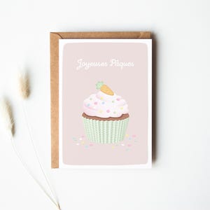 Carte joyeuses Pâques,  illustration Pâques, carte muffin Pâques, carte cupcake Pâques, patisserie Pâques