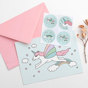 Invitation licorne volante avec autocollants, invitation anniversaire, goûter d'anniversaire, déco anniversaire fille, étiquette cadeau