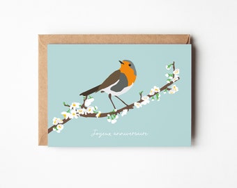Carte anniversaire oiseau, carte rouge-gorge, carte fleurie,  joyeux anniversaire, carte printemps