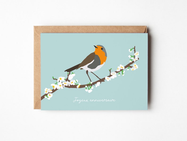 Carte anniversaire oiseau, carte rouge-gorge, carte fleurie, joyeux anniversaire, carte printemps image 1