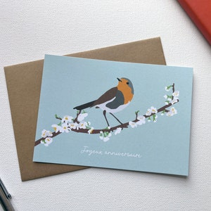 Carte anniversaire oiseau, carte rouge-gorge, carte fleurie, joyeux anniversaire, carte printemps image 2