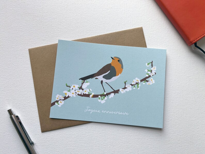 Carte anniversaire oiseau, carte rouge-gorge, carte fleurie, joyeux anniversaire, carte printemps image 2