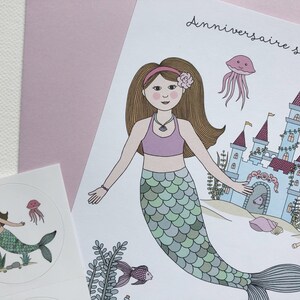 Carte invitation anniversaire et autocollants sirène, anniversaire fille image 2
