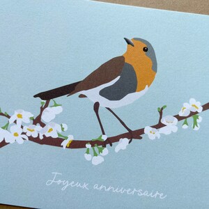 Carte anniversaire oiseau, carte rouge-gorge, carte fleurie, joyeux anniversaire, carte printemps image 3