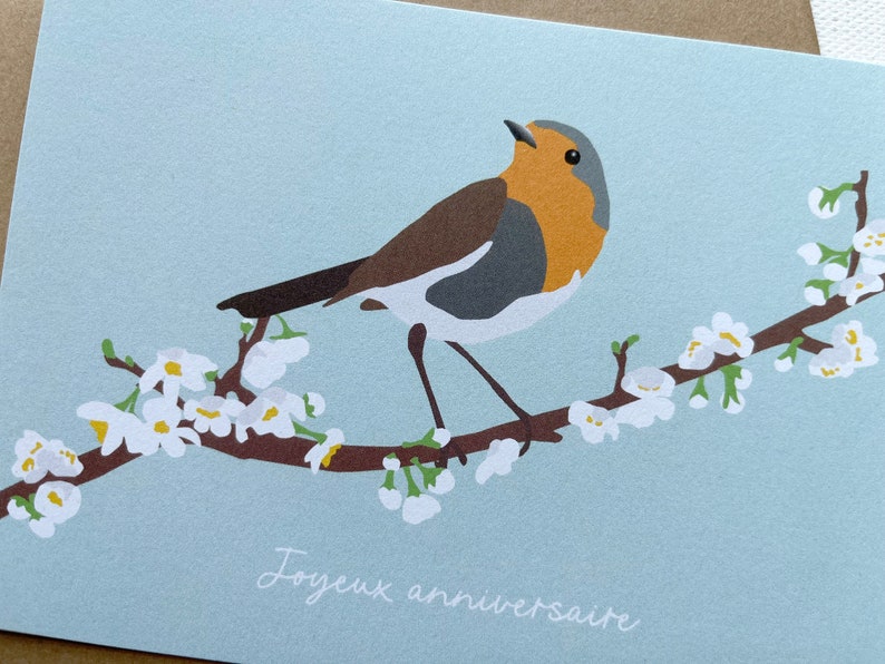 Carte anniversaire oiseau, carte rouge-gorge, carte fleurie, joyeux anniversaire, carte printemps image 3