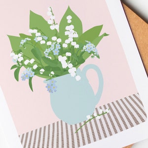 Carte mai, carte muguets, bouquet muguets et myosotis, vase avec des fleurs, décoration murale, bouquet printemps, mois de mai image 3