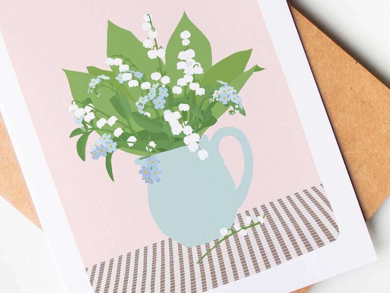Carte mai, carte muguets, bouquet muguets et myosotis, vase avec des fleurs, décoration murale, bouquet printemps, mois de mai image 3
