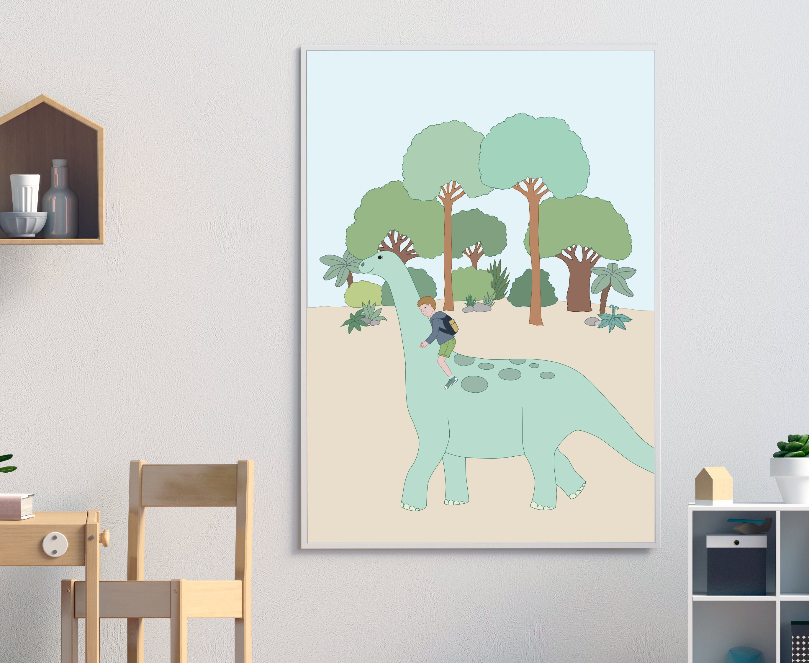 Affiche Dinosaure A2, Illustration, Cadeau Naissance, Affiche Illustrée Chambre d'enfant, Enfant