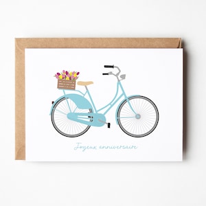 Verjaardagskaart, blauwe fiets en boeket tulpen, gelukkige verjaardag, lentekaart