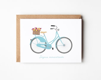 Carte anniversaire, bouquet de tulipes, joyeux anniversaire, carte printemps, vélo bleu