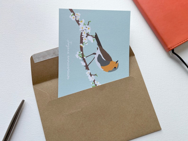 Carte anniversaire oiseau, carte rouge-gorge, carte fleurie, joyeux anniversaire, carte printemps image 6