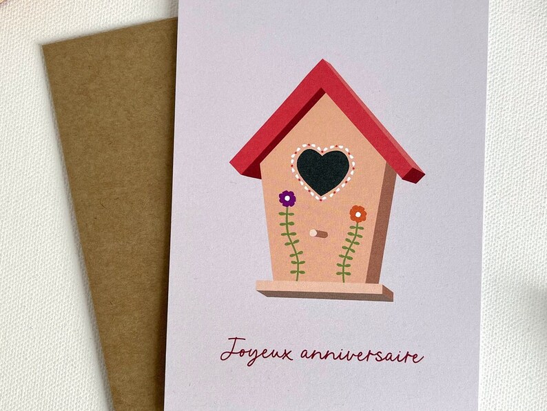 Carte joyeux anniversaire, illustration maison d'oiseau, pour un anniversaire en printemps, lettre d'amour image 3