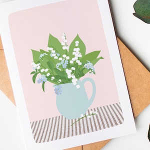 Carte mai, carte muguets, bouquet muguets et myosotis, vase avec des fleurs, décoration murale, bouquet printemps, mois de mai image 2