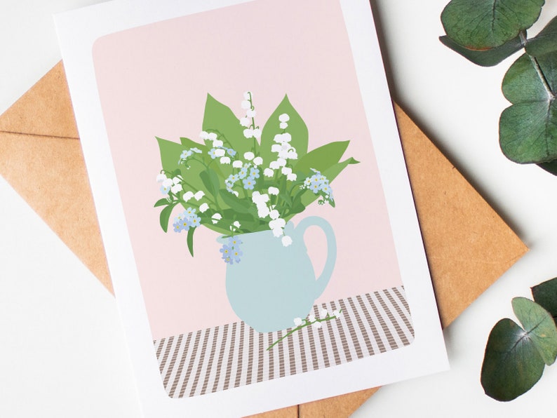 Carte mai, carte muguets, bouquet muguets et myosotis, vase avec des fleurs, décoration murale, bouquet printemps, mois de mai image 2