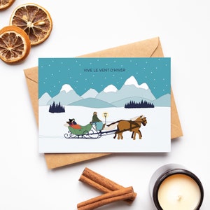 Carte promenade en traineau tiré par des chevaux, fêtes de fin d'année, nouvel an, joyeuses fêtes, joyeux Noël