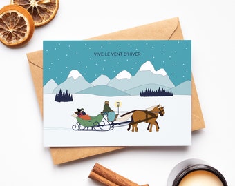 Horse-drawn sleigh ride card, end of year celebrations, new year, happy holidays, merry Christmas