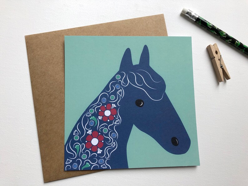 Carte cheval folklorique, carte anniversaire, félicitations, carte remerciement, illustration décorative cheval image 3