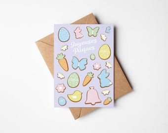 Cartão de feliz Páscoa, coelhinho da Páscoa, cartão de feliz caça aos ovos, biscoitos de Páscoa, sinos de Páscoa