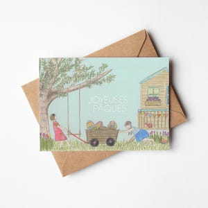 Happy Easter card, Easter greeting card, egg hunt illustration, Easter illustration, spring