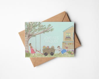 Happy Easter card, Easter greeting card, egg hunt illustration, Easter illustration, spring