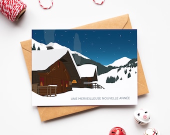 Biglietto di auguri, biglietto di buon anno, chalet di montagna, montagne invernali, inverno in Austria