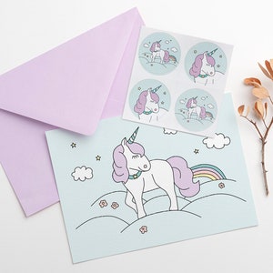 Invitación de cumpleaños de unicornio con pegatinas, cumpleaños de niña, decoración de cumpleaños infantil, adorno para tarta, papelería infantil