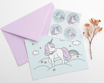 Invitation anniversaire licorne avec autocollants, anniversaire fille, décoration anniversaire enfant, cake topper, papeterie enfant