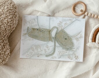 Birth card, mouse slippers illustration, birth card, welcome little baby