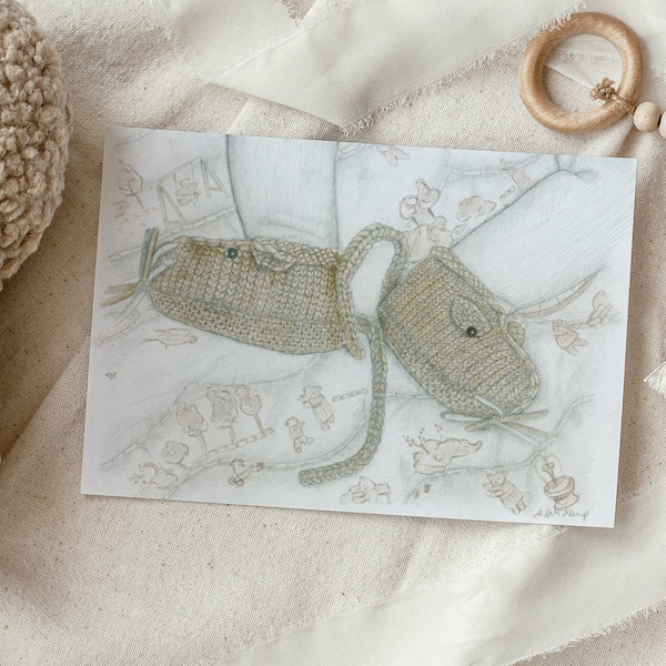 Carte naissance, illustration chaussons souris, carte de naissance, bienvenue petit bébé