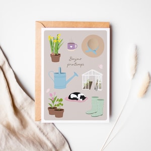 Carte bonjour printemps, carte les beaux jours, carte arrivée de printemps, accessoires jardinage, carte joyeux anniversaire, carte saison
