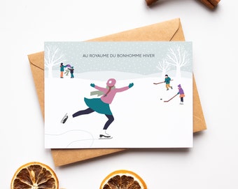 Skater card on a frozen lake, end of year greeting card, happy holidays, winter decor