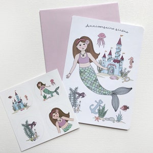 Carte invitation anniversaire et autocollants sirène, anniversaire fille image 3