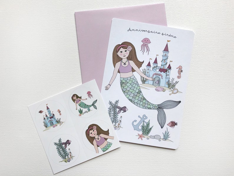 Carte invitation anniversaire et autocollants sirène, anniversaire fille image 3