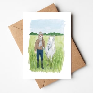 Carte cavalière et poney, vie à la campagne, illustration fille avec son poney, carte automne