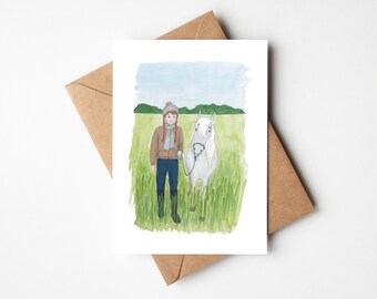 Carte cavalière et poney, vie à la campagne, illustration fille avec son poney, carte automne
