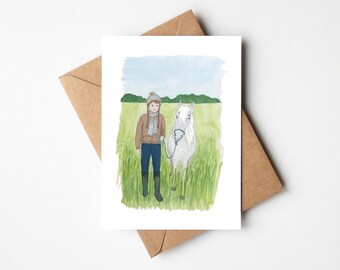 Rider and pony card, country life, illustration of girl with her pony, autumn card